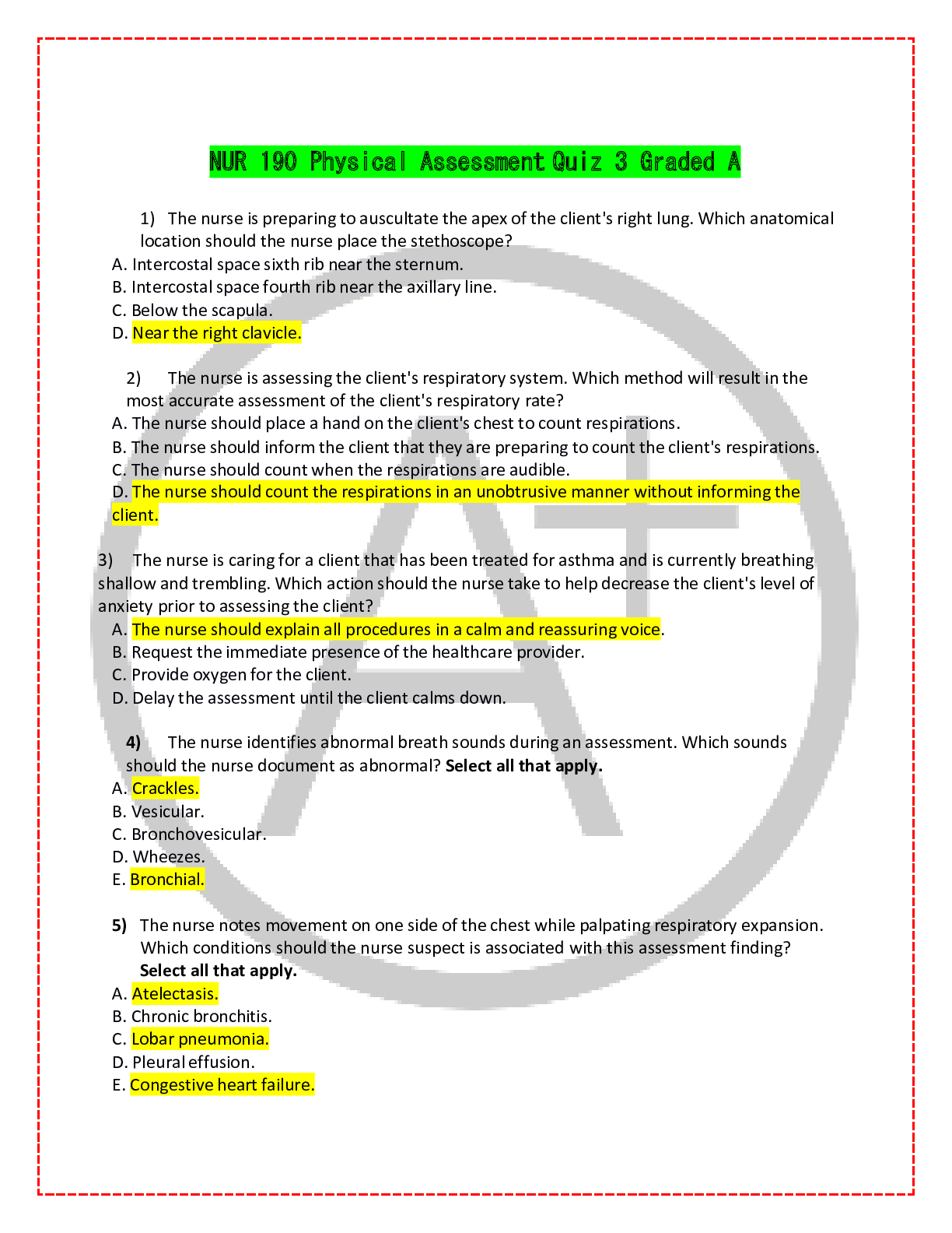 Preview of NUR 190 Physical Assessment Quiz 3 Graded A